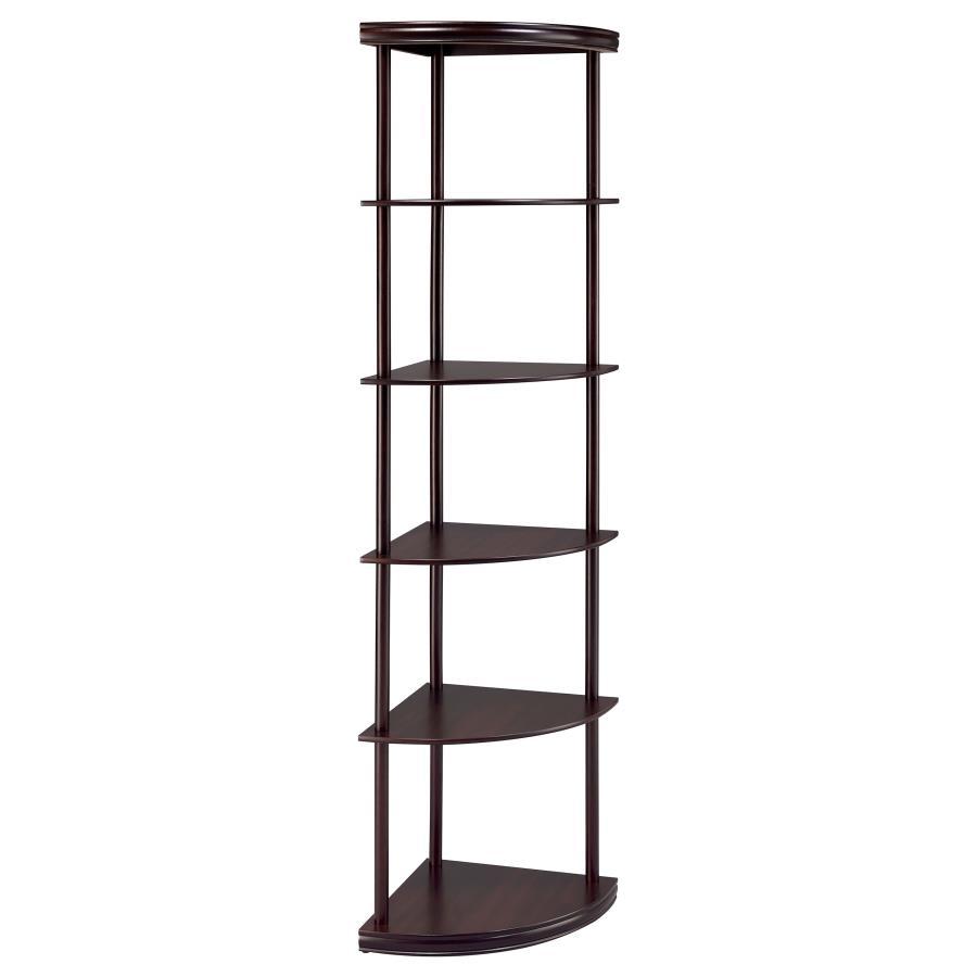 Bonwick – 5-Shelf Corner Bookshelf with Space-Saving Compact Design, Rubberwood Frame, and Elegant Cappuccino Finish for Home or Office