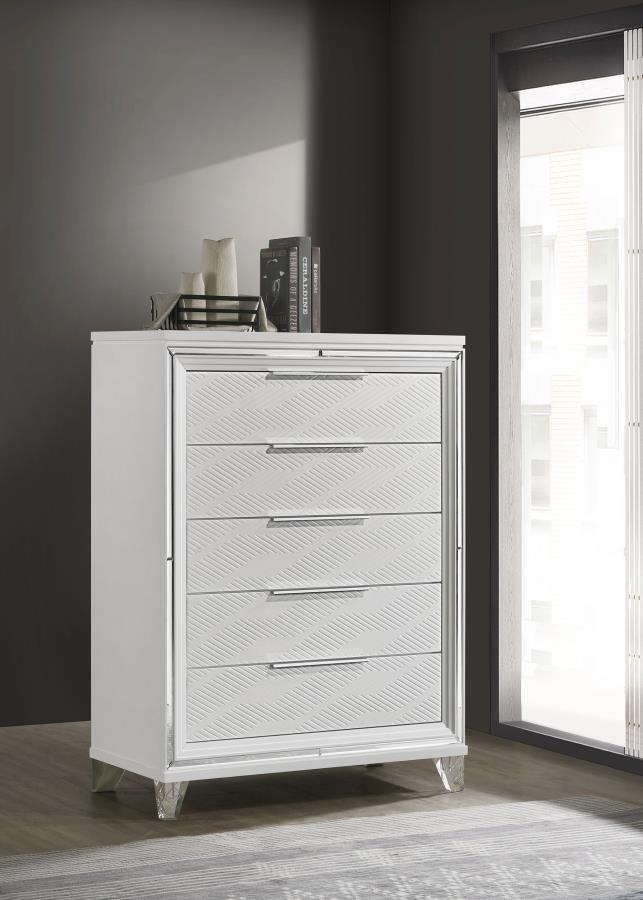 Marmore 5-Drawer Bedroom Chest of Drawers in White – Modern Italian Design with Mirrored Accents, Polished Chrome Hardware & Ample Storage