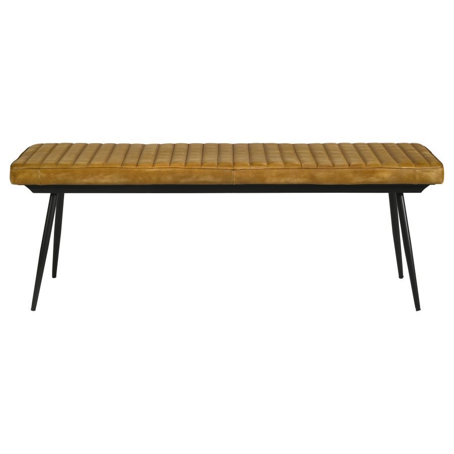 Misty Leather Upholstered Dining Bench – Antique Camel Goat Leather with Vertical Tufting, Black Metal Tapered Legs, Industrial Rustic Modern Accent