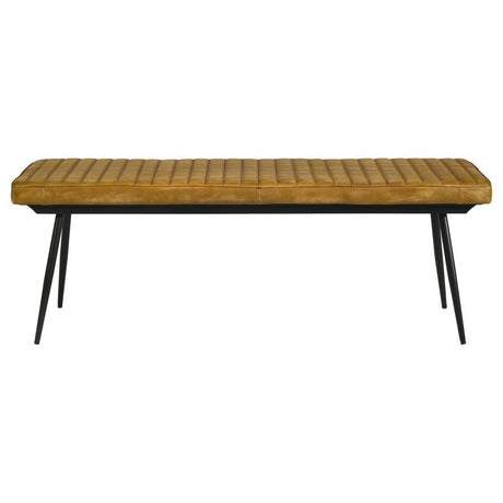 Misty Leather Upholstered Dining Bench – Antique Camel Goat Leather with Vertical Tufting, Black Metal Tapered Legs, Industrial Rustic Modern Accent