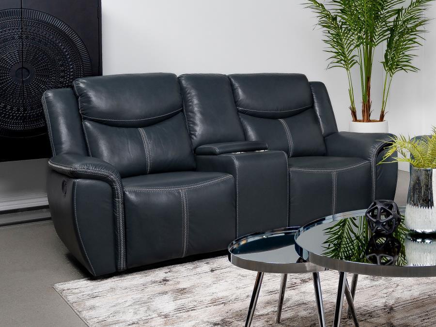 Sloane Upholstered Padded Arm Reclining Loveseat – Blue Faux Leather, Dual Recliners, Plush Foam Cushions, Modern Living Room Comfort
