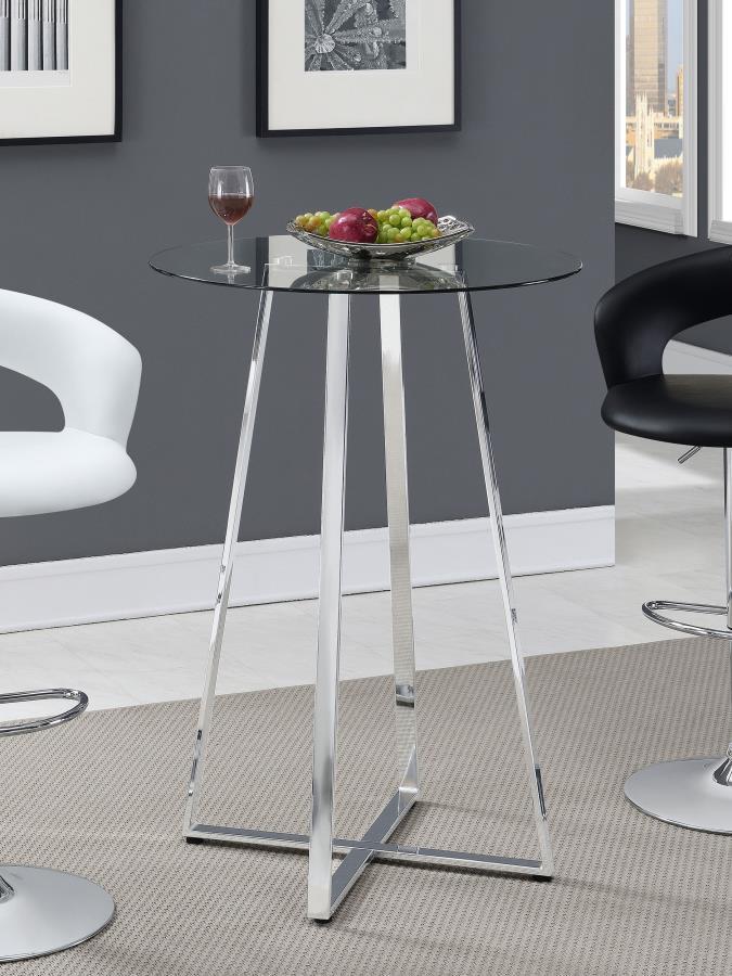 Zanella Round Glass Top Bistro Bar Table in Chrome – Modern Compact Table with Tempered Glass Surface, Sleek Tapered Design for Kitchen or Dining