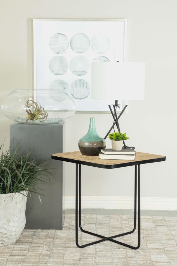 Elyna Square Stone Top Accent Side Table – Beige Travertine Top, Matte Black Iron Base, Modern Geometric Design, Versatile Living Room or Bedroom Table