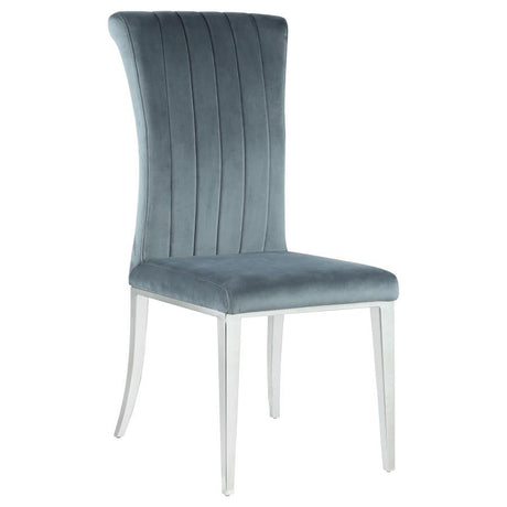 Beaufort 2-Piece Upholstered Dining Side Chair Set – Luxurious Steel Gray Velvet, Vertical Tufting, Cushioned Seat, Rolled Back, Polished Stainless Steel Legs