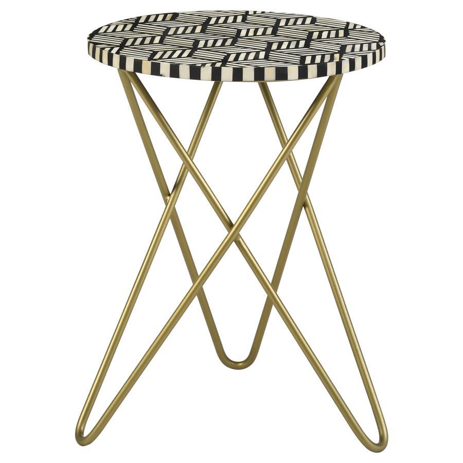 Xenia Round Bone Inlay Accent Side Table with White and Black Mosaic Top and Gold Metal Butterfly Hairpin Base, Modern Chic Living Room Table