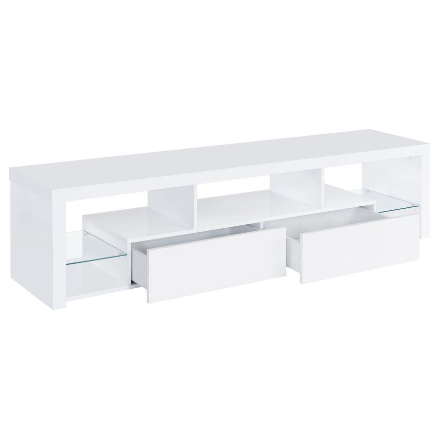 Jude 2-Drawer TV Stand in High Gloss White – Modern Engineered Wood Media Console with Glass Shelves, Soft-Close Drawers & Ample Storage