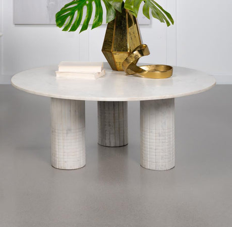 Astoria Round Genuine White Marble Coffee Table – Avant-Garde Design with Triple Cylindrical Pedestal Base