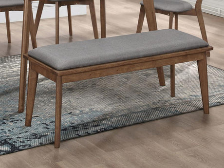 Alfredo Upholstered Dining Bench – Gray Fabric Seating with Natural Walnut Wood Frame, Mid-Century Tapered Legs, Modern Contemporary Design