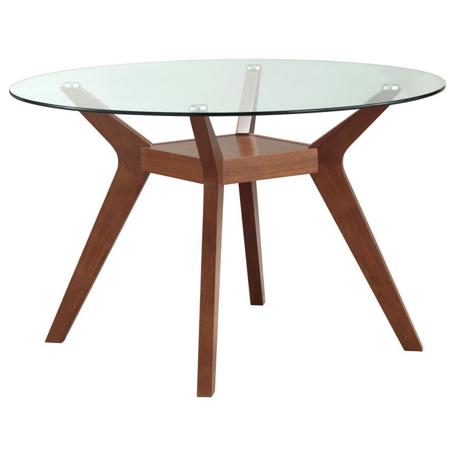 Paxton Round Glass Top Wood Dining Table - Nutmeg Finish, Contemporary Geometric Design, Tempered Glass Surface, Square Shelf Base, Modern Sturdy Table