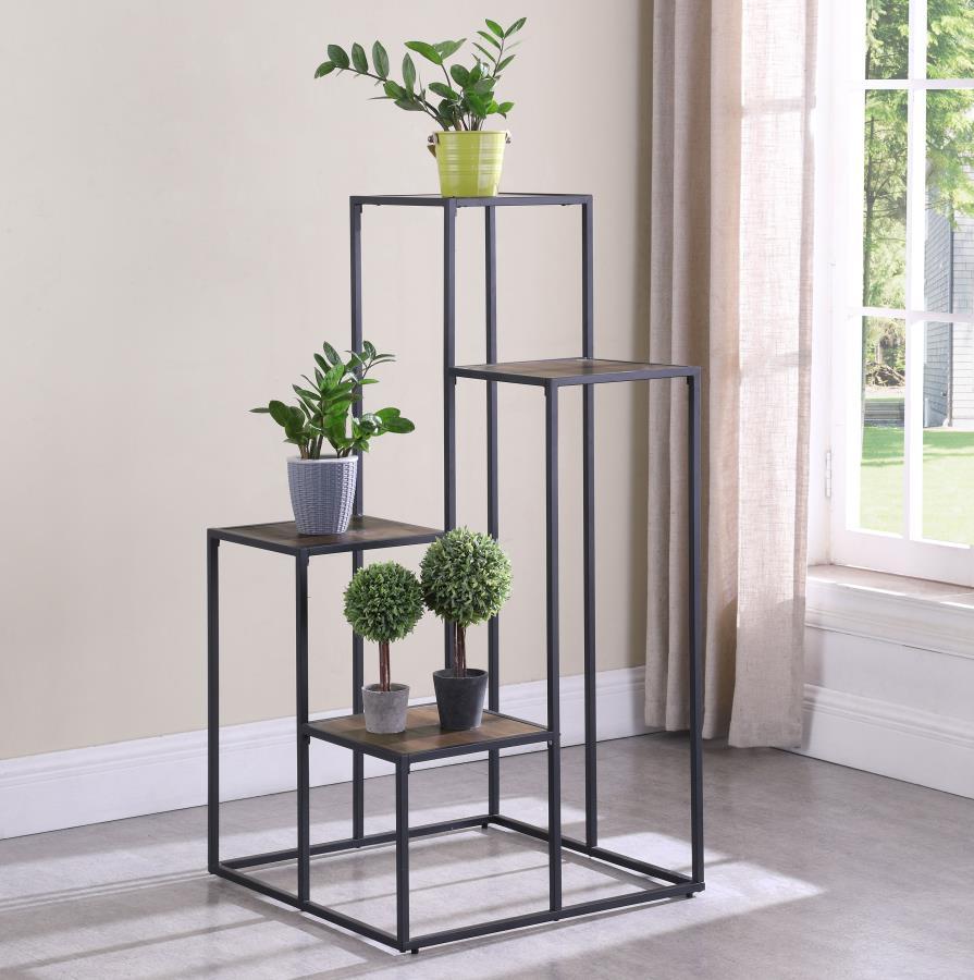 Rito 4-Tier Multi-Display Shelf – Industrial Rustic Brown Wood with Black Metal Frame, Open Shelves for Décor, Books, and Storage Accents