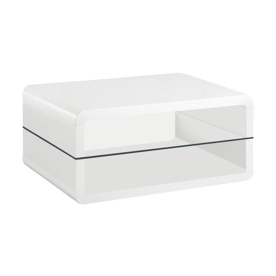 Elana Rectangular Coffee Table with 1 Shelf in White High Gloss Finish, Clear Tempered Glass, Smooth Curved Corners & Modern Living Room Design