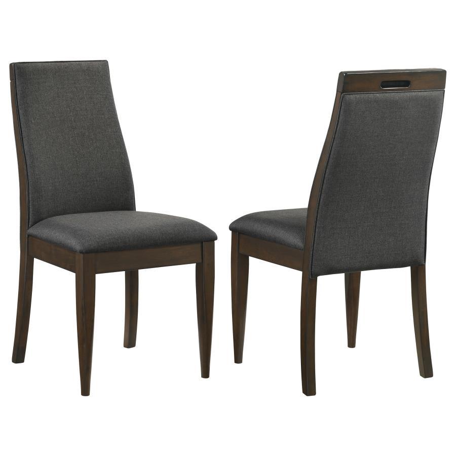 Wes Upholstered Dining Side Chairs – Dark Walnut Finish, Soft Grey Fabric, Sloped Backrest, Tapered Square Legs, Contemporary Set of 2