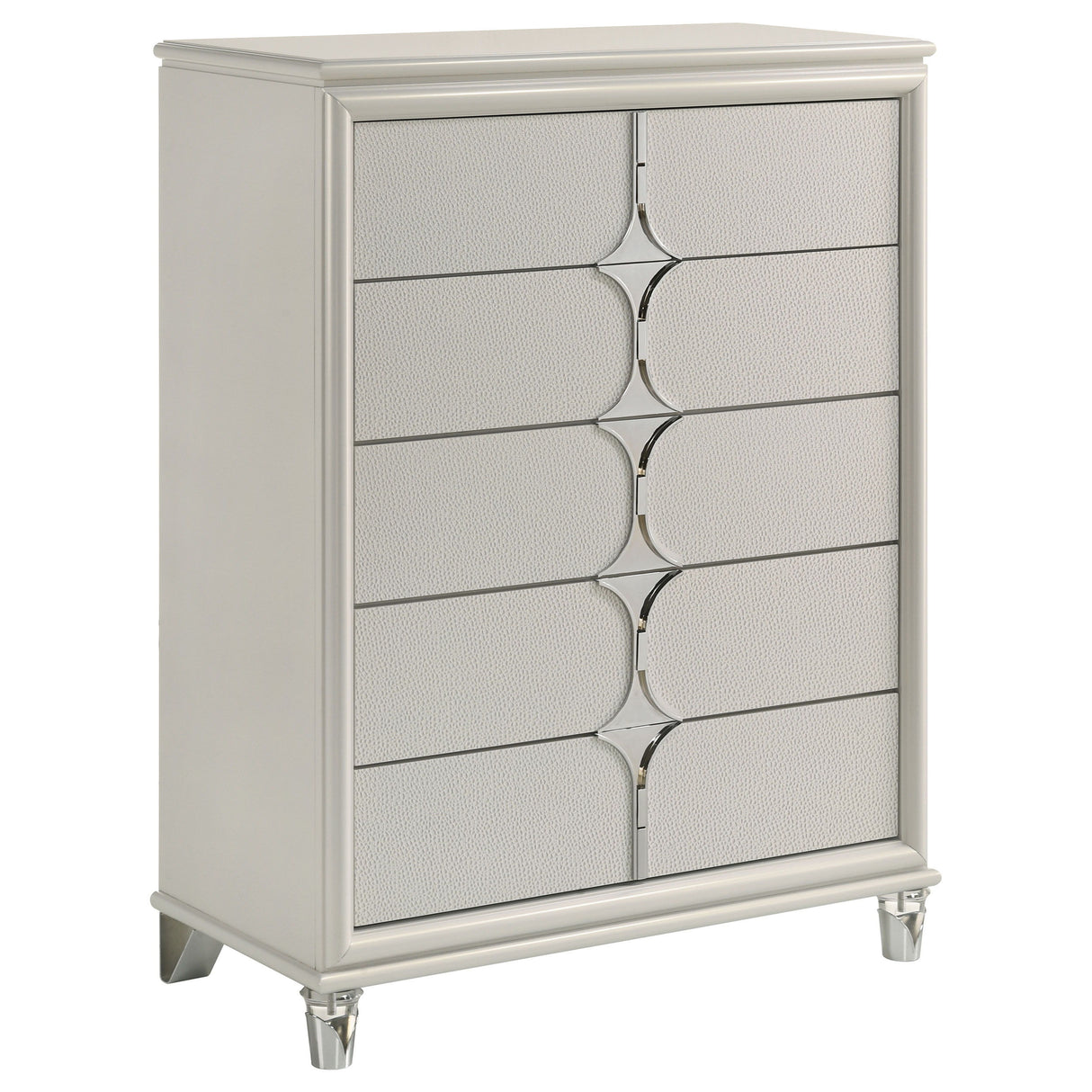 Olivia 5-Drawer Bedroom Chest – Pearl White with Diamond Star Drawer Fronts, Chrome Accents, Acrylic Feet, Modern Storage Cabinet for Stylish Bedrooms