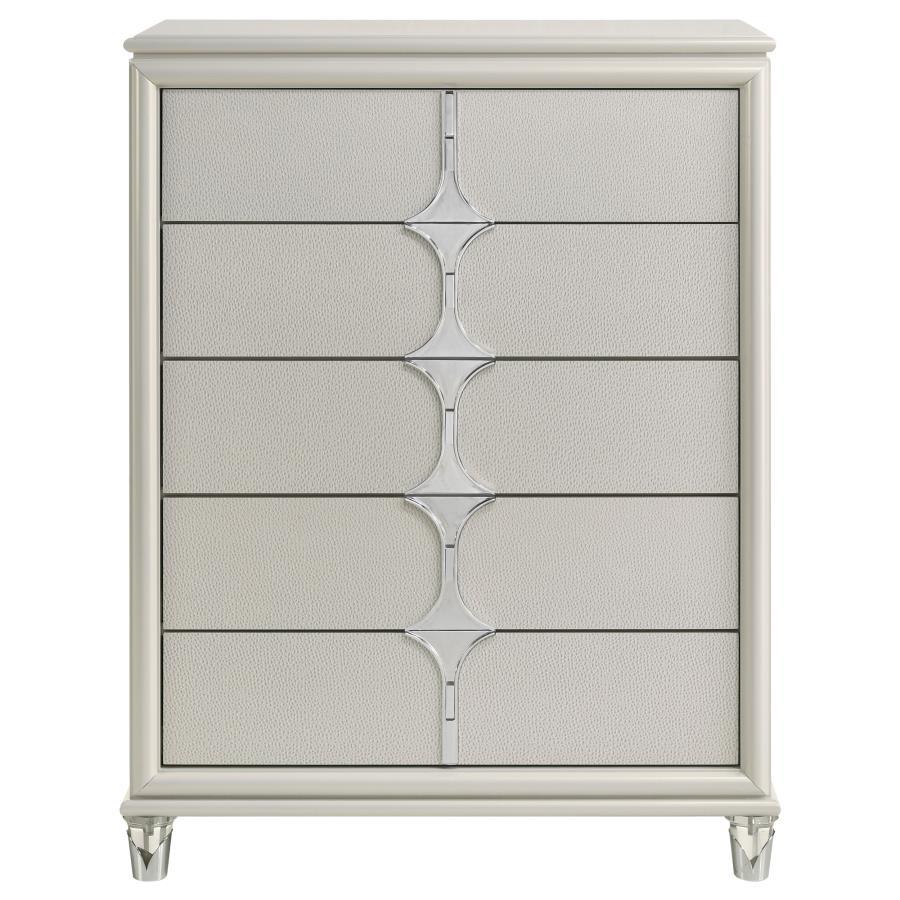 Olivia 5-Drawer Bedroom Chest – Pearl White with Diamond Star Drawer Fronts, Chrome Accents, Acrylic Feet, Modern Storage Cabinet for Stylish Bedrooms