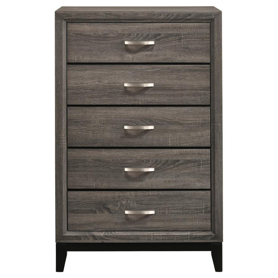 Watson 5-Drawer Bedroom Chest in Gray Oak – Mid-Century Modern Storage with Tapered Legs, Metallic Half-Moon Pulls, and Stylish Wooden Drawers