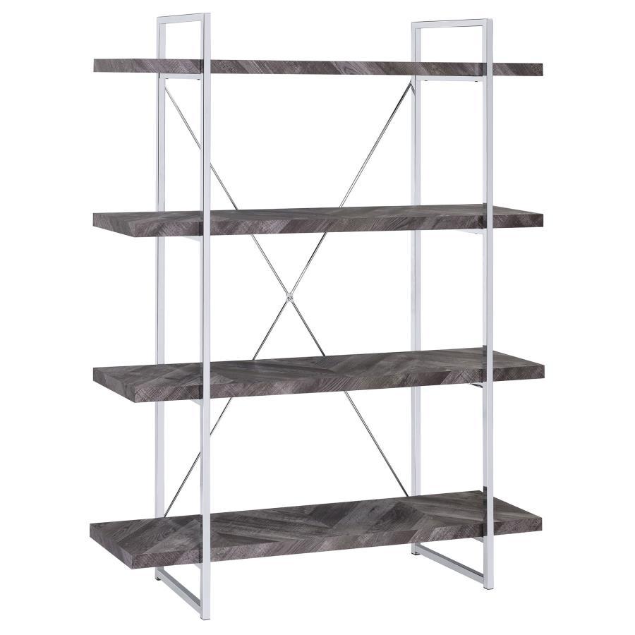 Grimma - 4-Shelf Bookshelf in Rustic Gray and Chrome – Industrial-Modern Display with X-Back Support, Open Shelves, and Durable Engineered Wood Frame