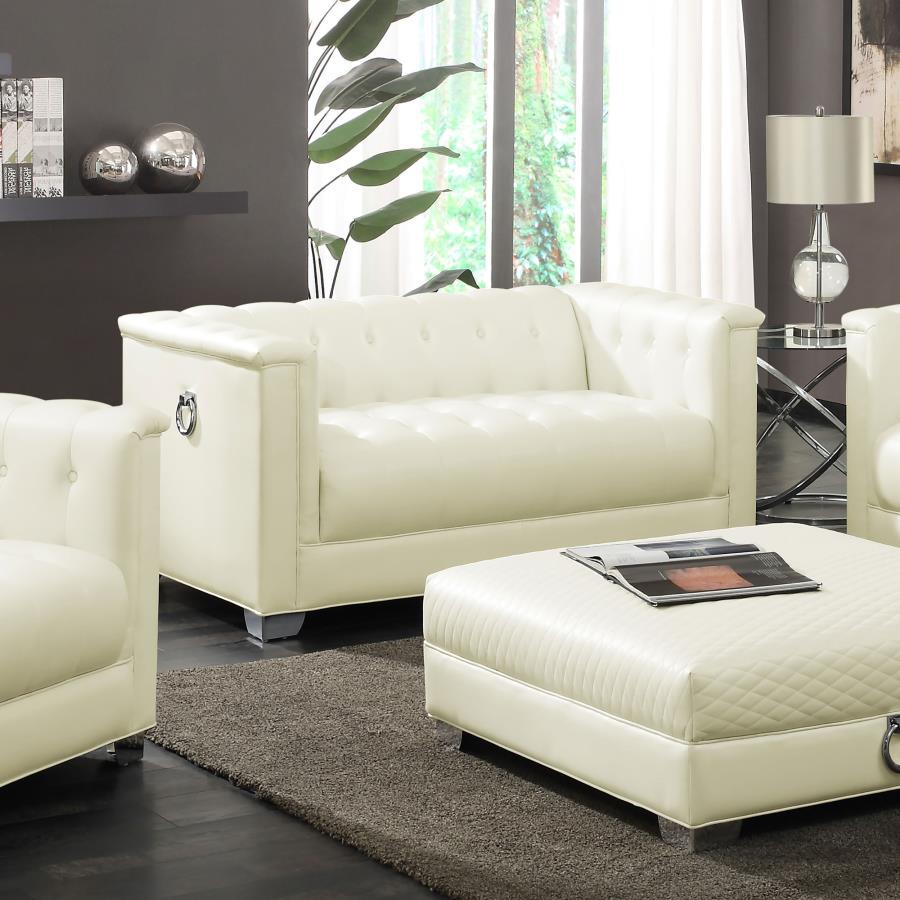 Chaviano Pearl White Upholstered Track Arm Loveseat with Chrome Accents, Deep Tufted Leatherette, Modern Glam Living Room Sofa, Stylish Compact Seating