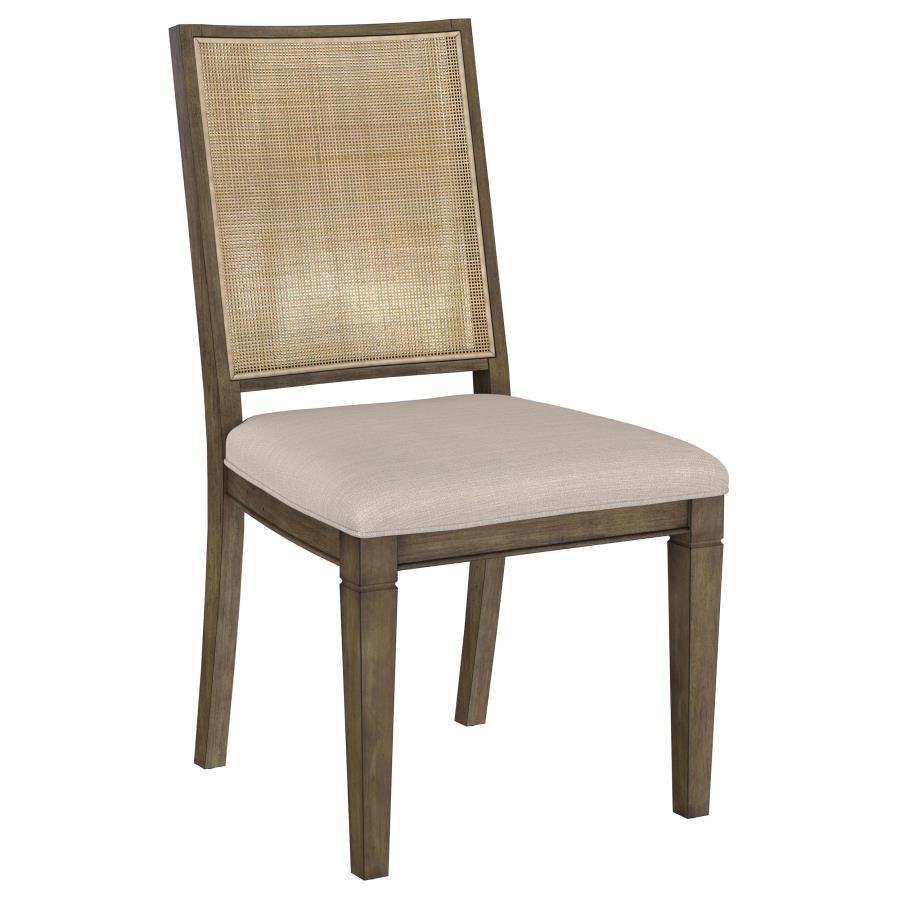 Matisse Woven Rattan Back Dining Side Chair – Dark Brown Wood Frame, Beige Upholstered Foam Seat, Armless, Tapered Legs, Modern Farmhouse Style