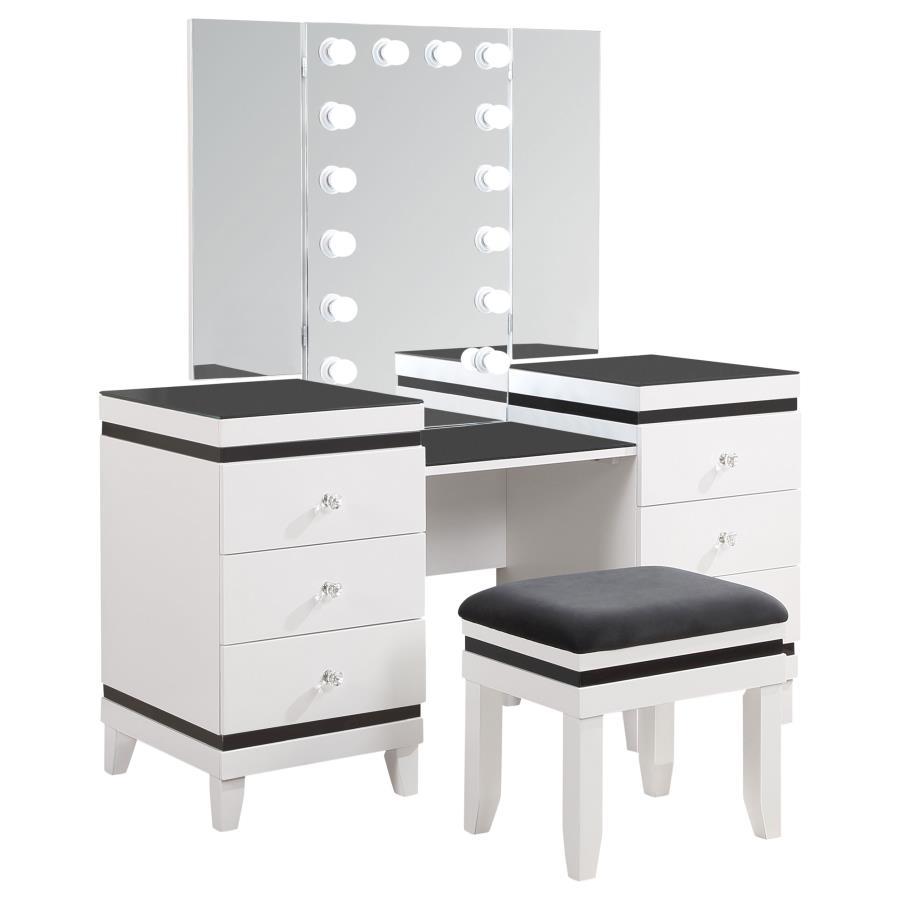 Talei 6-Drawer Vanity Set with Tri-Panel Lighted Mirror, Black & White Modern Glam Makeup Desk with Crystal Knobs and Tapered Legs for Bedroom