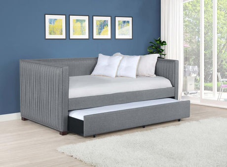 Brodie Upholstered Twin Daybed with Pull-Out Trundle in Gray Fabric – Modern Pleated Design, Versatile Sofa Bed with Black Finish Feet