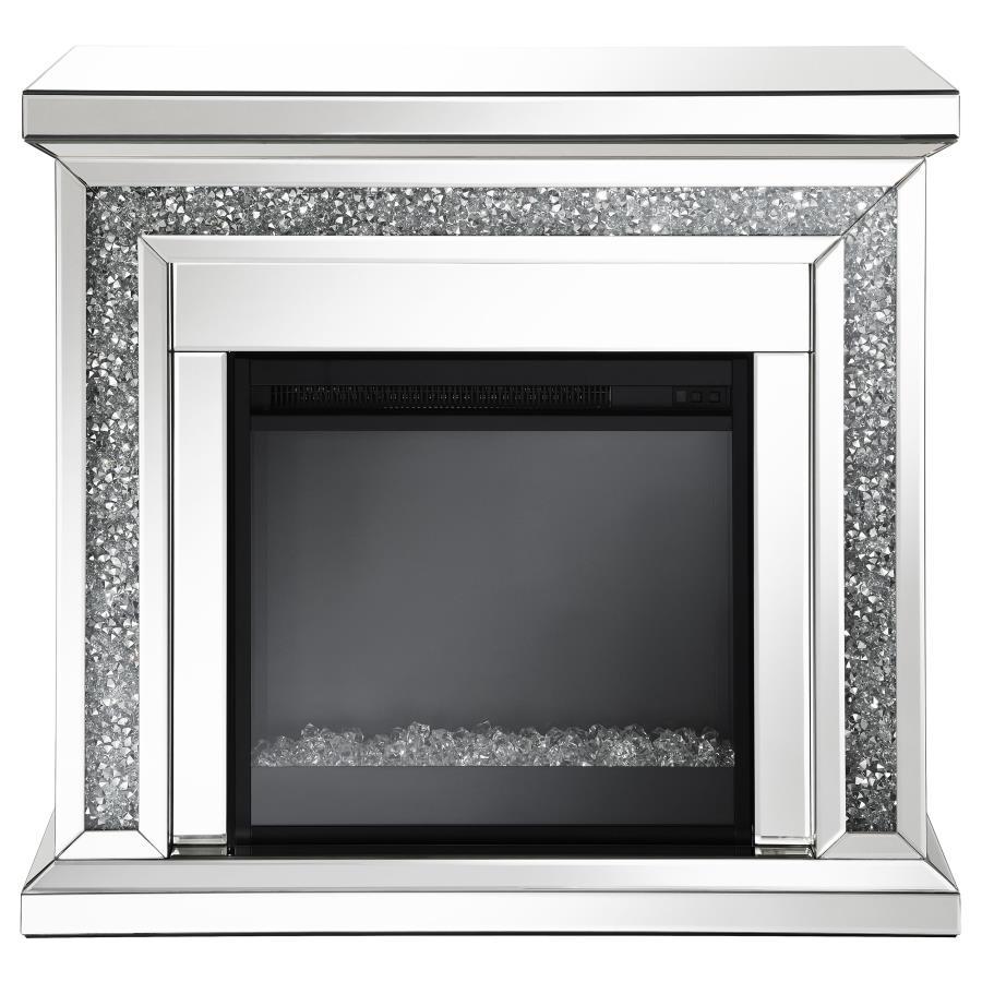 Lorelai Mirrored Freestanding Electric Fireplace – Silver with Crushed Crystal Accents, Glam Beveled Design, Heats up to 400 sq ft, Freestanding Mantel