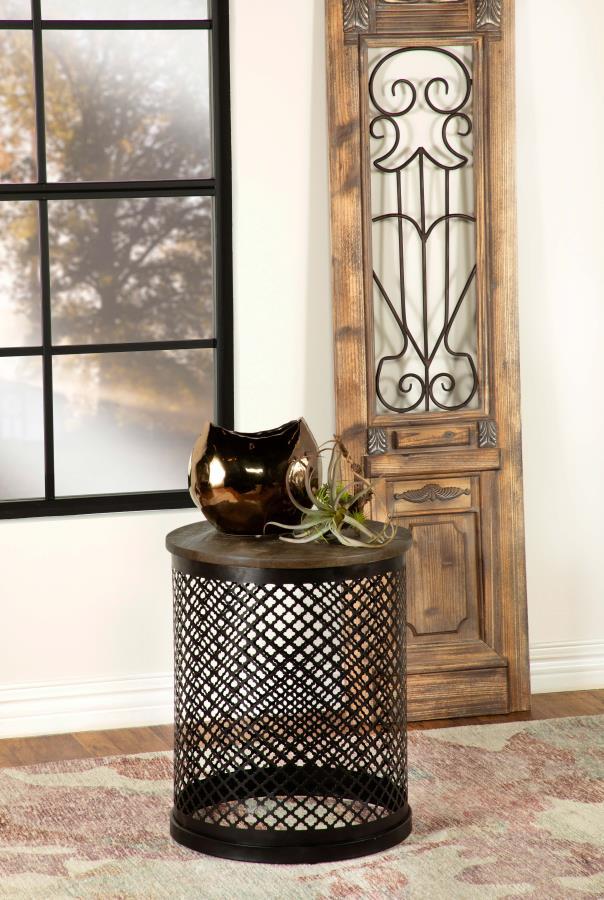 Aurora Round Drum Base Accent Side Table – Natural Mango Wood Top, Black Perforated Iron Base, Industrial Rustic Nightstand, Modern Living Room Table