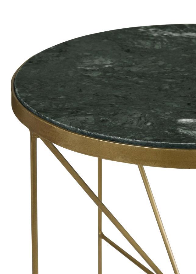 Eliska Round Green Marble Top Accent Side Table with Antique Gold Metal Frame, Slim Geometric Base, Glam Contemporary Living Room Décor
