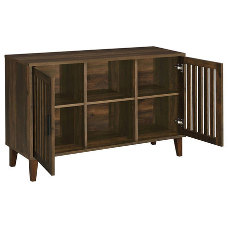 Torin 2-Door Engineered Wood Accent Cabinet – Dark Pine Finish, Rustic Farmhouse Style, Slatted Panel Doors, Tapered Legs, Spacious Storage