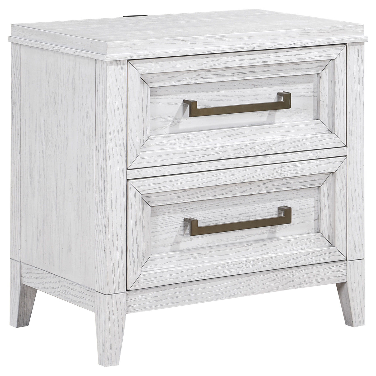Marielle 2-Drawer Nightstand Bedside Table with Antique Brass Hardware – Distressed White Wood Finish, Modern Storage Nightstand