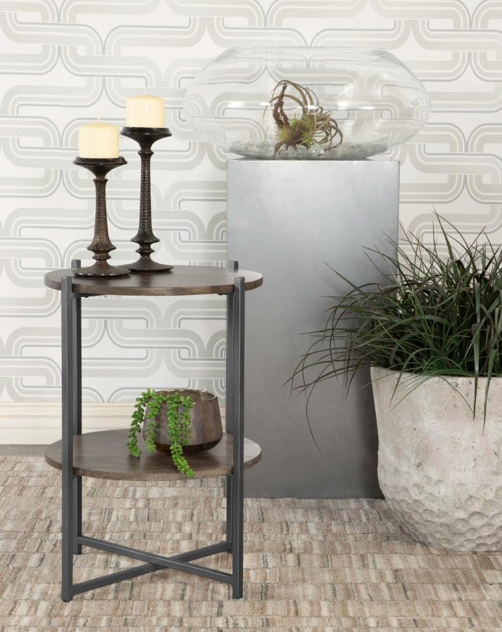 Axel Round Accent Table with Open Shelf – Natural Mango Wood Top, Gunmetal Iron Frame, Two-Tier Side Table, Nightstand or Plant Stand for Modern Interiors
