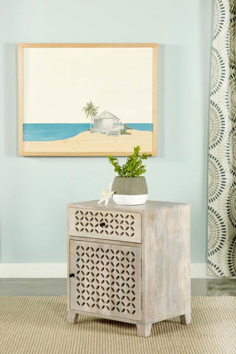 August -August 1-Drawer Trellis Pattern Storage Cabinet – White Washed Solid Mango Wood, Eco-Friendly Accent Table, Diamond Lattice Design, Contemporary Storage 1-Drawer Trellis Pattern Storage Cabinet - White Washed