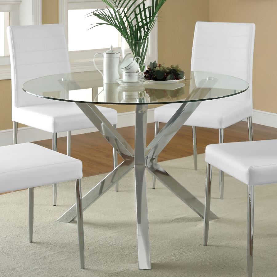 Vance Round Glass Top Asterisk Dining Table – Chrome Finish, Sculptural Metal Base, 41.25" Diameter, Modern Contemporary Design, Seats 4