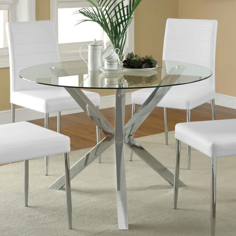 Vance Round Glass Top Asterisk Dining Table – Chrome Finish, Sculptural Metal Base, 41.25" Diameter, Modern Contemporary Design, Seats 4