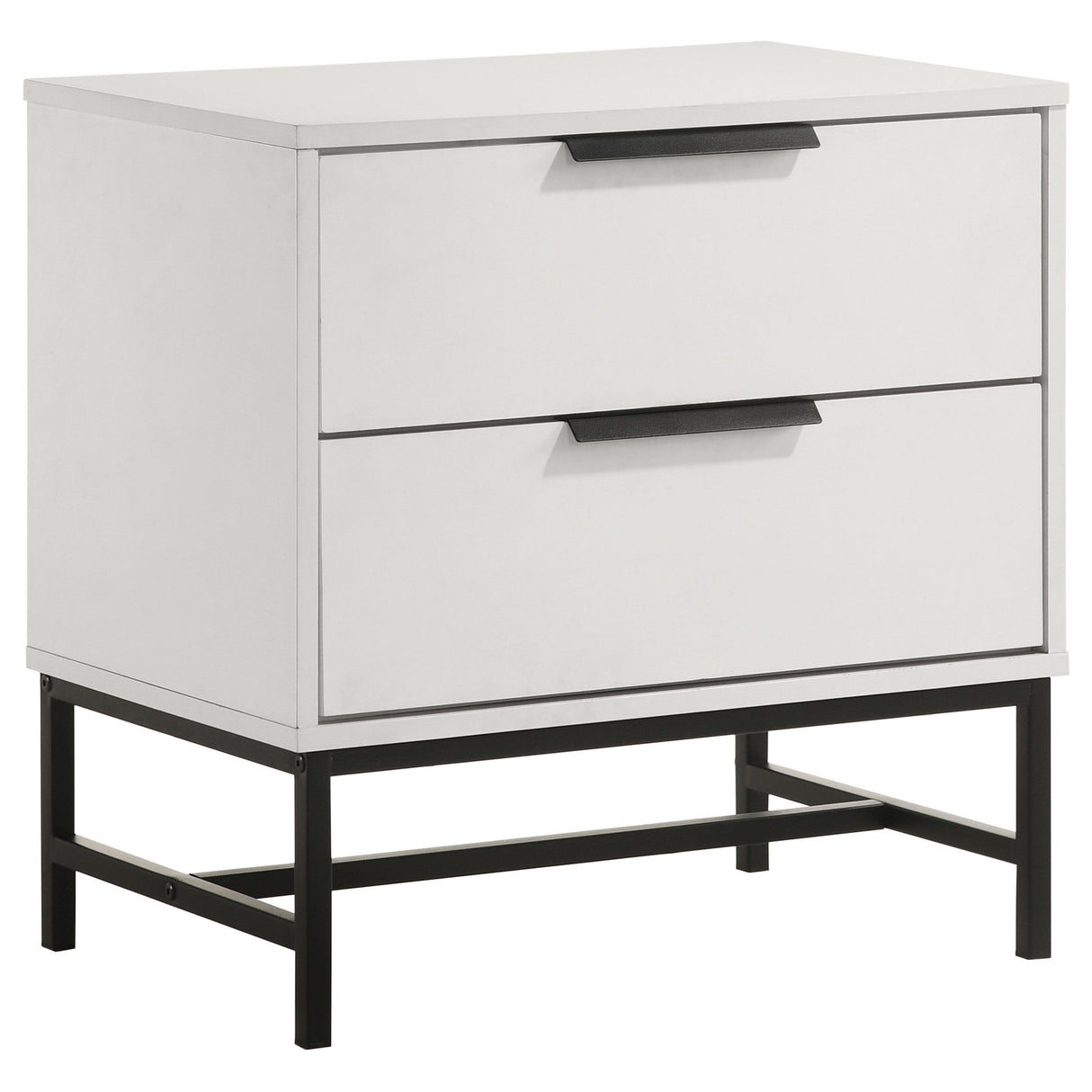 Sonora 2-Drawer Nightstand Bedside Table – Modern White Bedroom Accent with Black Base, Slim Bar Pulls, Minimalist Design, and Practical Storage