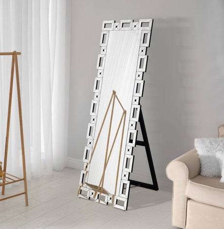 Tavin Geometric Frame Cheval Standing Mirror in Silver – Modern Glam Full-Length Mirror with Greek Key-Inspired Design for Bedroom & Dressing Area