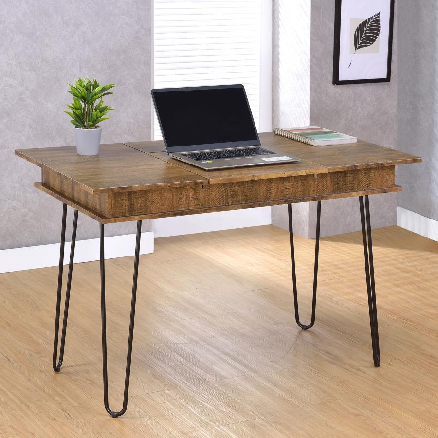 Sheeran Writing Desk With Storage – Rustic Amber Wooden Desk with Sliding Tray, Built-In Power Outlet, Spacious Compartments, Home Office Workstation