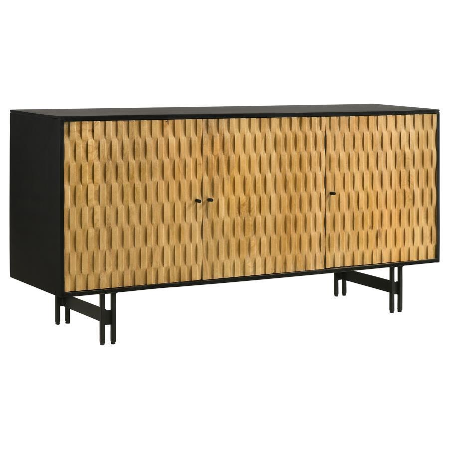 Aminah 3-Door Wood Accent Cabinet – Natural Mango Wood with Black Finish, 3D Tile Carved Doors, Modern Storage Cabinet for Living Room & Bedroom
