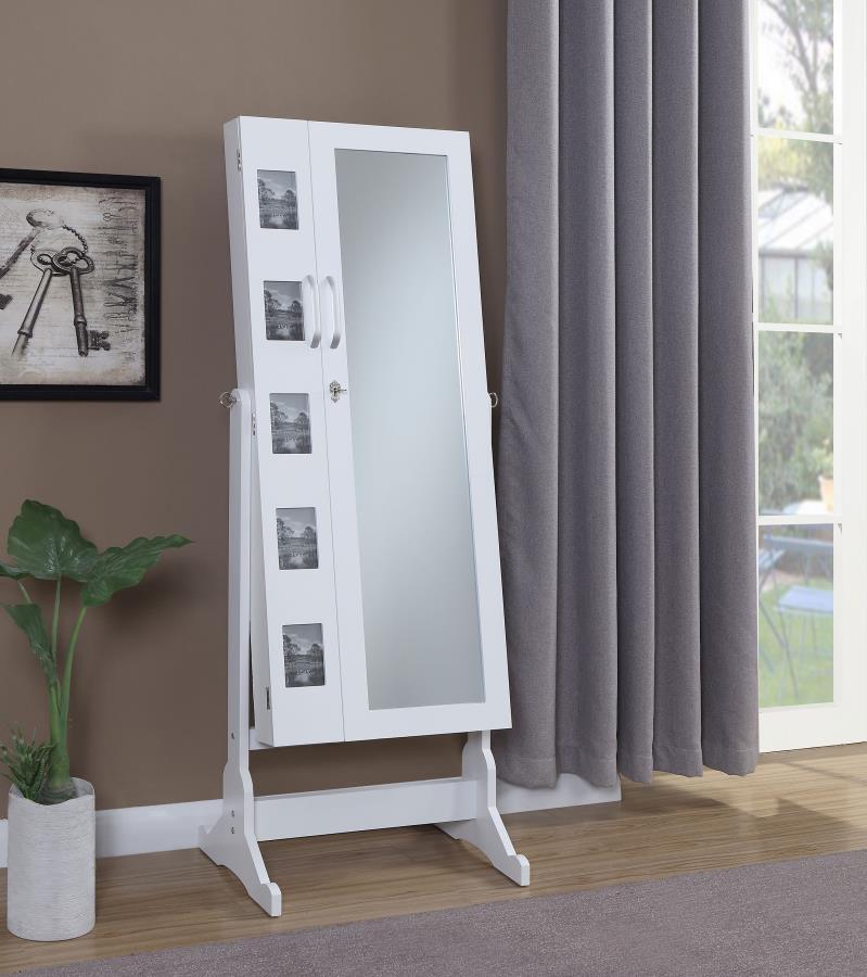 Doyle Cheval Mirror with Jewelry Storage – Full Length White Standing Mirror Armoire with Velvet Lining, Hooks, Drawers & Keepsake Display