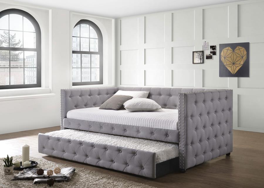 Mockern Upholstered Twin Daybed With Trundle – Modern Gray Tufted Design with Extra Sleeping Space for Guests, Lounging, Reading, or TV