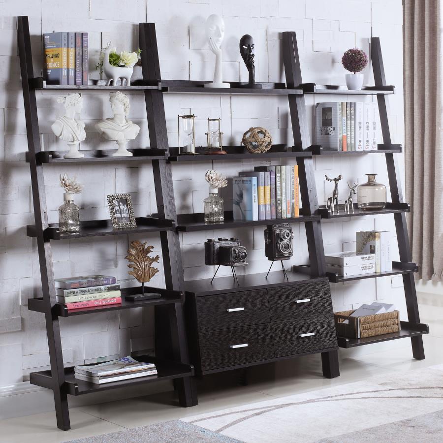 Colella 3-Piece Storage Ladder Bookshelf Set in Cappuccino – Stylish Aged Walnut Finish with 5-Shelves, Storage Drawers, and Display Space for Living Room or Office