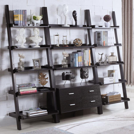 Colella 3-Piece Storage Ladder Bookshelf Set in Cappuccino – Stylish Aged Walnut Finish with 5-Shelves, Storage Drawers, and Display Space for Living Room or Office