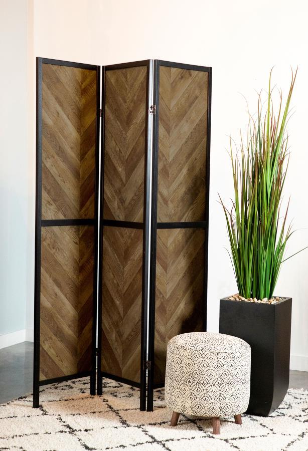 Marlene 3-Panel Room Divider Folding Screen – Rustic Tobacco Herringbone Design with Black Metal Frame for Privacy, Home, Office & Studio