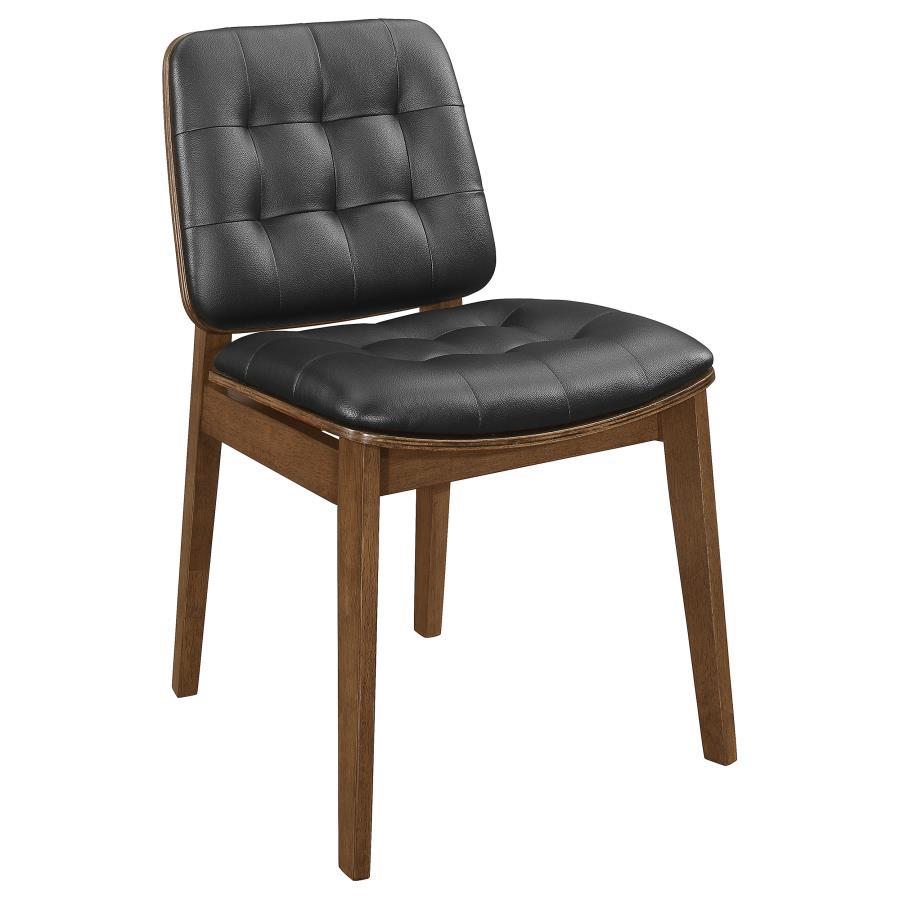 Paxton 5-Piece Round Glass Top Dining Table Set – Tufted Leatherette Chairs, V-Shaped Nutmeg Wood Base, Mid-Century Modern Style for 4