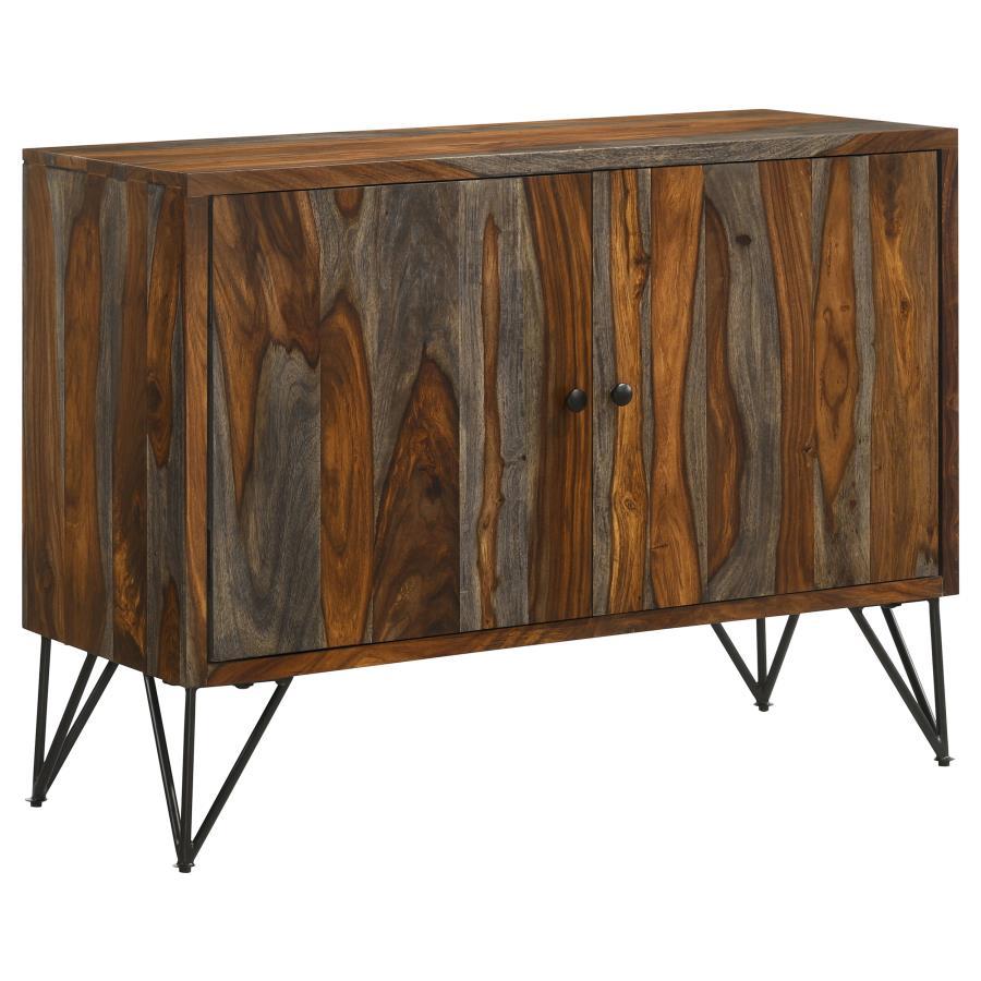 Macon 2-Door Sheesham Wood Accent Cabinet – Gray Storage Cabinet with Gunmetal Iron Legs, Rustic Industrial Style for Living Room or Entryway