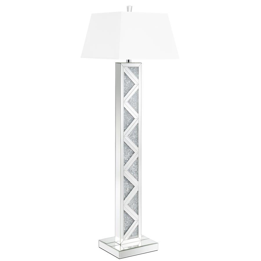 Carmen Empire Mirrored Acrylic Floor Lamp with Crystal-Inspired Accents, White Shade, Silver Finish, Modern Glam Lighting for Living Room