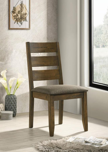 Alston - Wood Dining Side Chair Set of 2 in Knotty Nutmeg Finish with Rustic Slatted Back, Solid Hardwood Frame, and Padded Brown Upholstered Seat