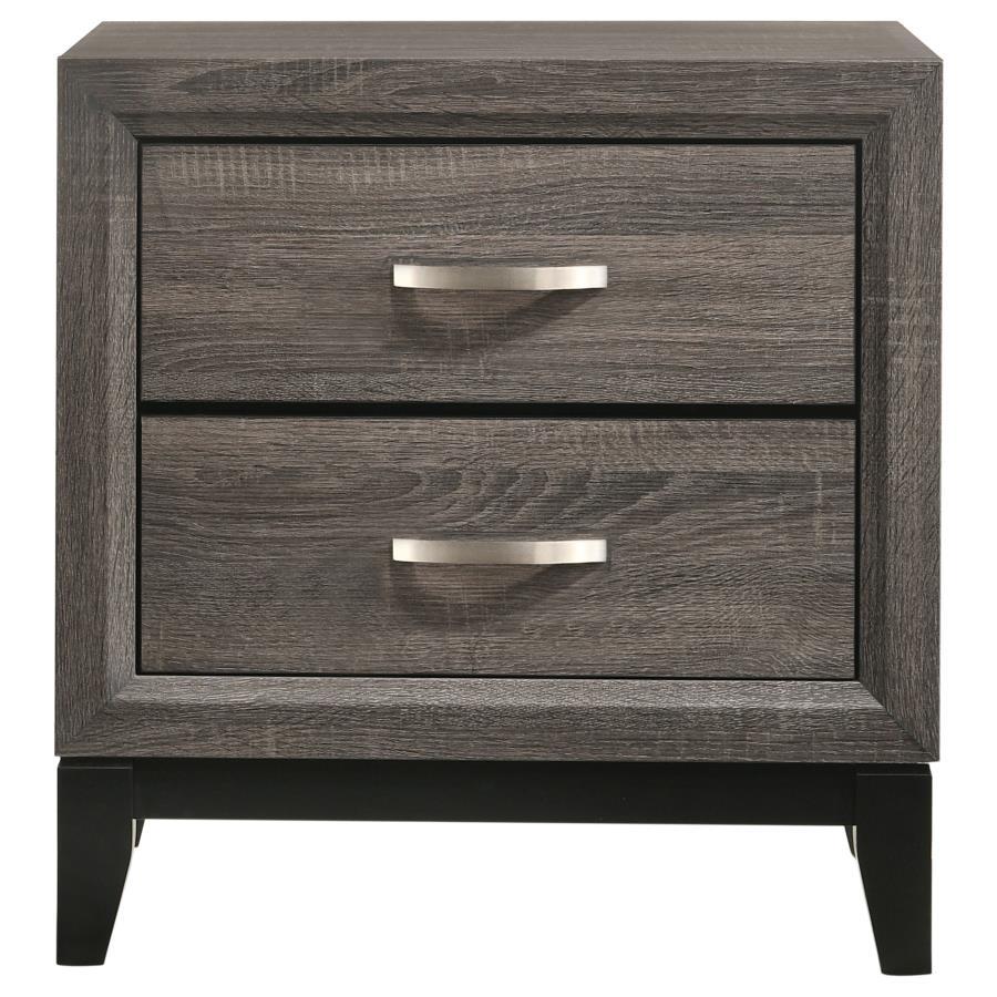 Watson 2-Drawer Nightstand in Gray Oak – Mid-Century Modern Design with Black Tapered Legs, Half-Moon Pulls & Contemporary Color Blocking