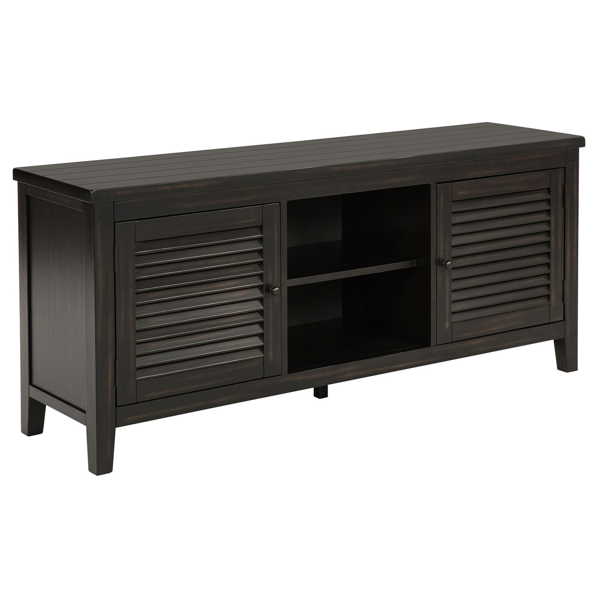 Concord 60-Inch 2-Door TV Stand Console in Distressed Java with Louvered Doors, Planked Top, Open Shelving & Cord Management for TVs up to 65-Inches