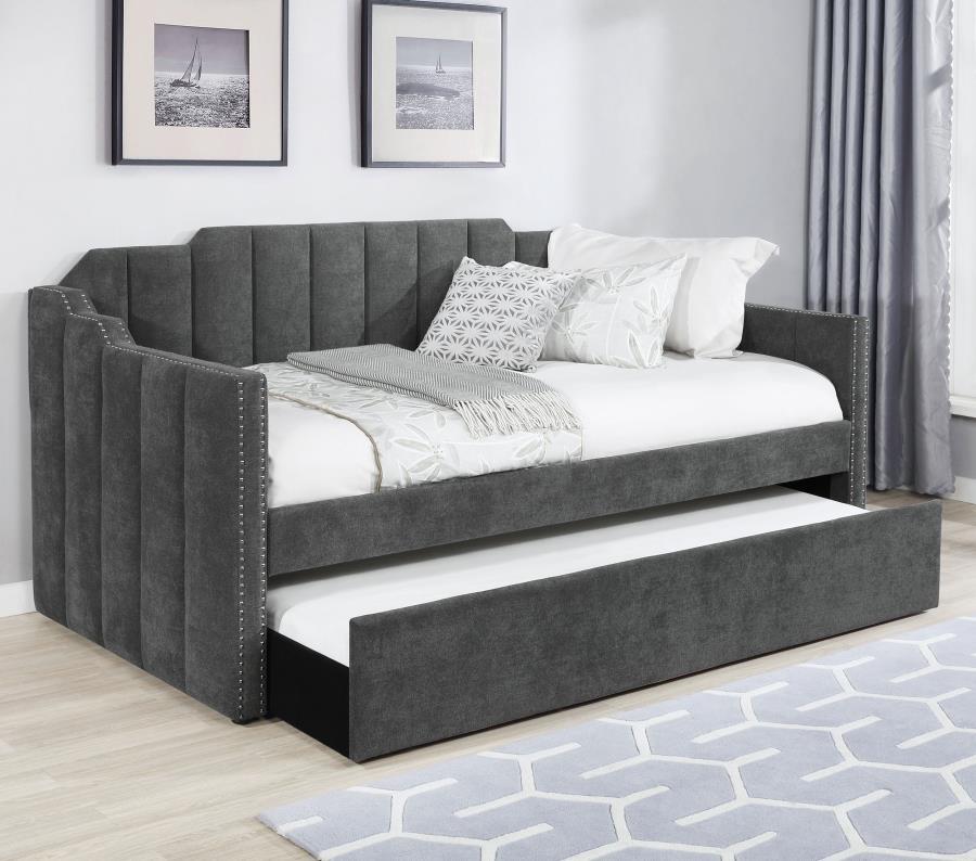 Kingston Upholstered Twin Daybed With Trundle – Charcoal Velvet Fabric, Art Deco Channel Tufted Design, Chrome Nailhead Trim, Stylish Guest Bed