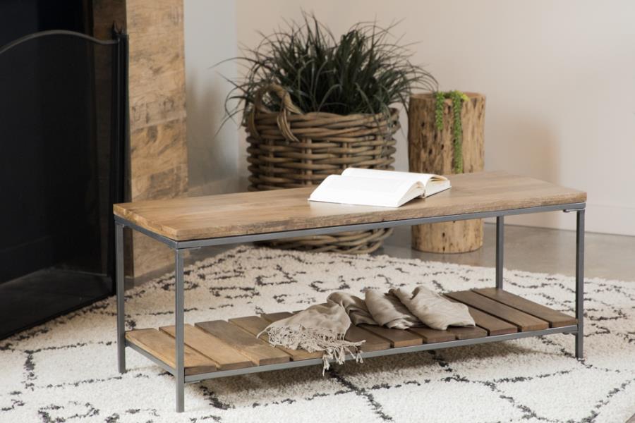 Gerbera Wood Accent Bench with Shelf – Natural Mango Wood Seat and Gunmetal Iron Frame Industrial Style Entryway, Living Room, or Mudroom Seating